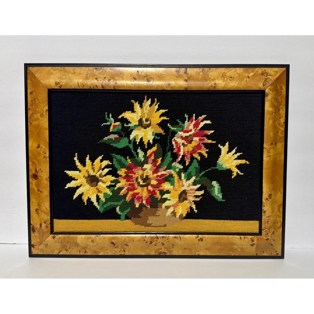Vintage Floral Needlepoint Mod Flowers Burl Wood Frame 12x16 Handmade Wall Art